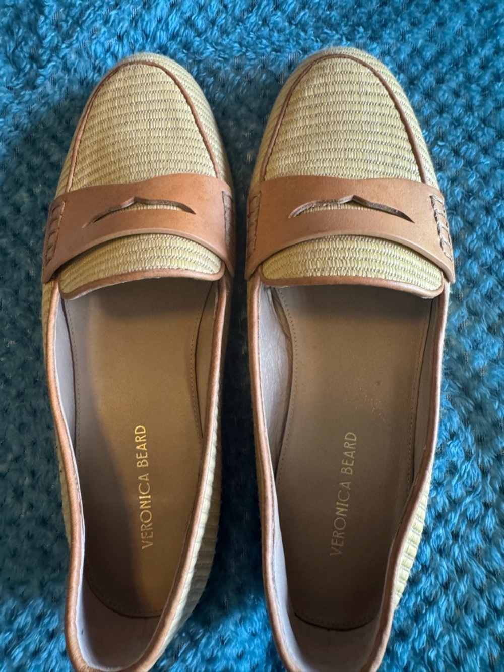 Veronica Beard Tan & Natural Woven Penny Loafers size 7 Great Condition